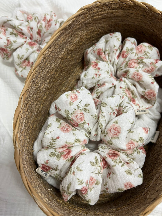 Pink floral scrunchie