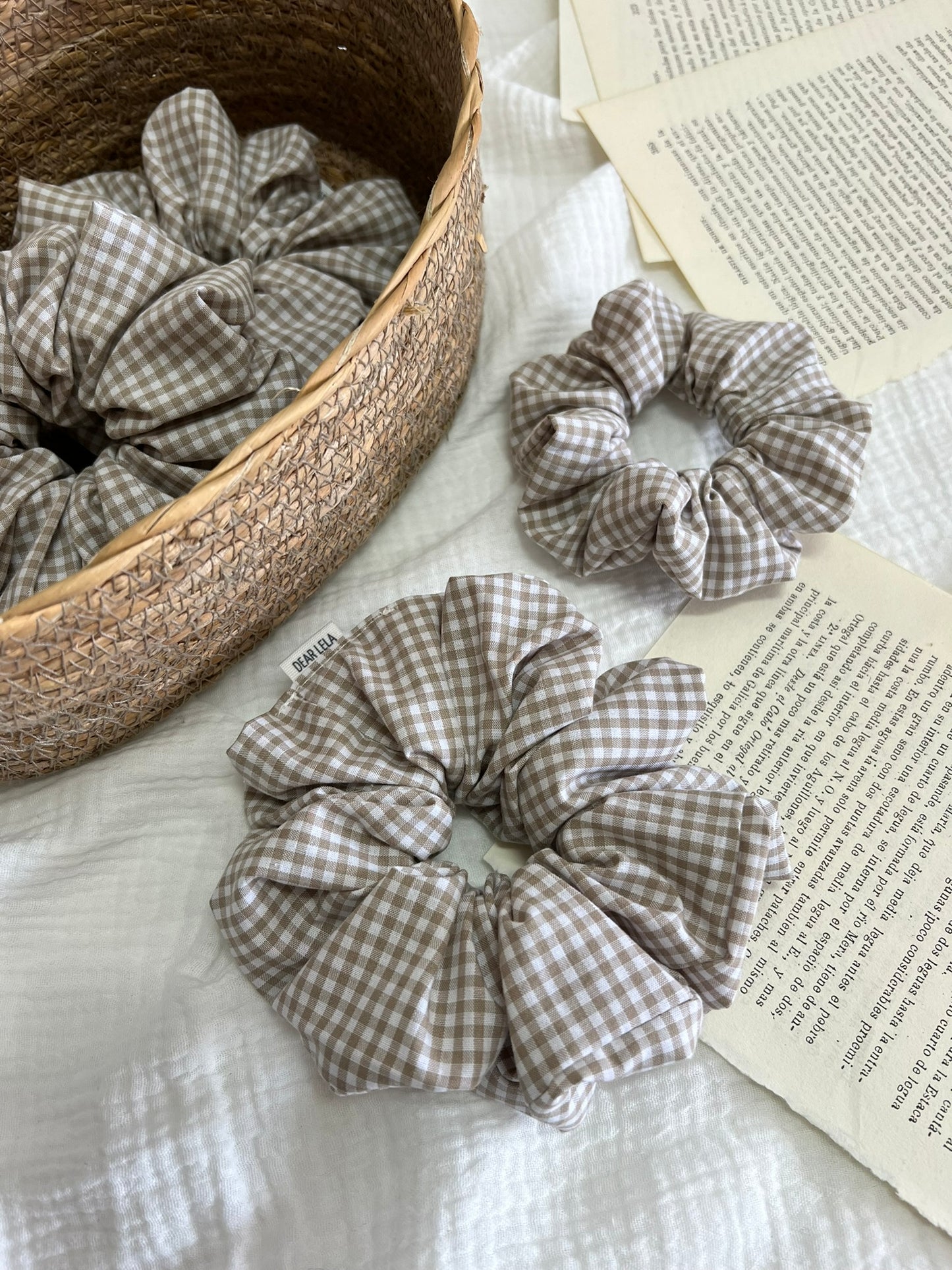 Beige gingham scrunchie